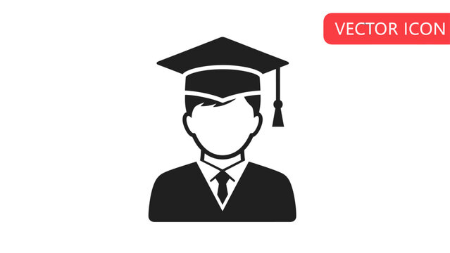 A black and white vector icon of a graduate wearing a mortarboard and suit. "VECTOR ICON" label