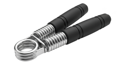 Black handled metal hand grip strengthener with silver springs on black background hand exerciser fitness equipment