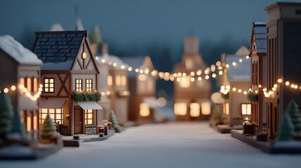 A picturesque view of a cozy, illuminated street with buildings, streets, and snow-covered rooftops, is adorned with decorative lights, and radiating a sense of wintertime charm.