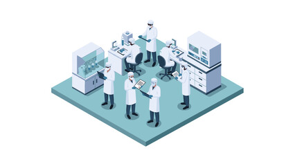 Isometric laboratory team working with modern scientific equipment in research facility