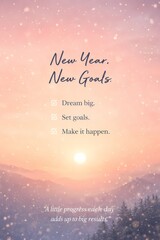 New Year New Goals Motivational Poster with Checkboxes and Sunset Landscape