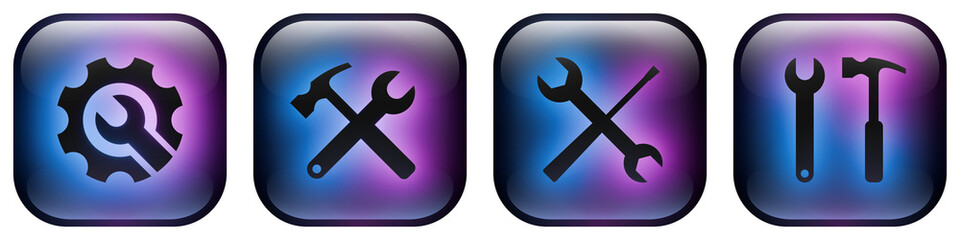 Glass rounded square button icons featuring Settings and Repair symbols with Blue and Purple Neon Glow. System Tools and Service icon pack.