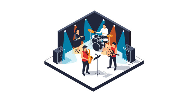Isometric jazz band performing on stage with musical instruments and spotlights