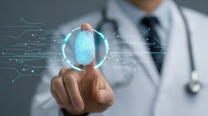 A doctor in a white coat interacts with a futuristic digital interface with their finger.