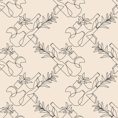 Trendy minimalist seamless botanical pattern with abstract creative line art hand drawn composition in neutral colors ideal for interior design, wallpaper, minimal background, vector illustration