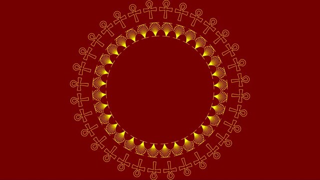 Elegant gold Egyptian frame with Ankh symbols and fan motifs rotating on a deep red background.
