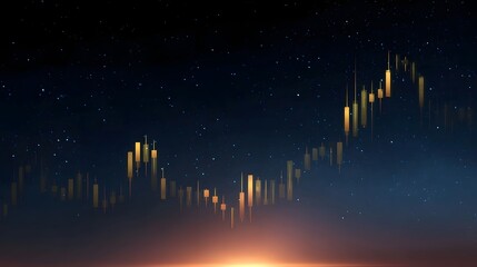 Golden financial candlestick chart trends upward against a dark starry night sky with a luminous horizon