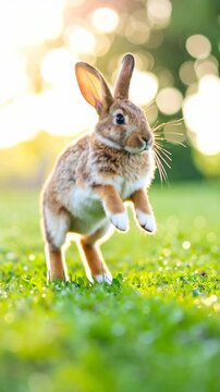 Adorable brown rabbit leaping on green grass bathed in warm sunlight during daytime for nature and animal themes.