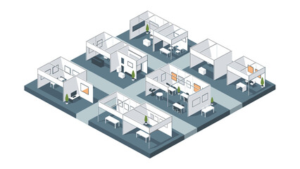 Obraz premium Modern isometric office floor plan with workstations and open spaces