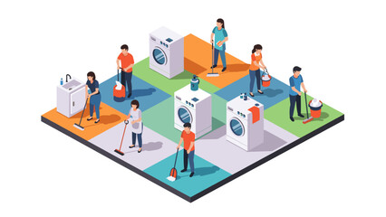 Isometric illustration of people cleaning and doing laundry on colorful grid