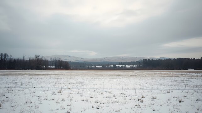 A serene winter landscape with snow-covered field and distant mountains under a cloudy sky - Powered by Adobe