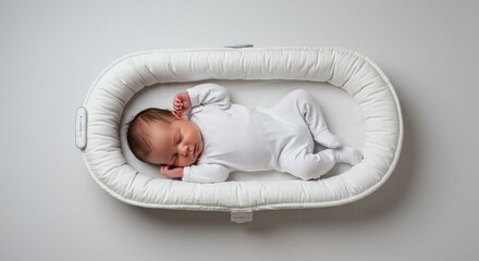 A comfortable oval sleeping container designed for a newborn infant resting peacefully. The white bedding provides a safe, cozy environment for early months ,stand ,expecting ,product