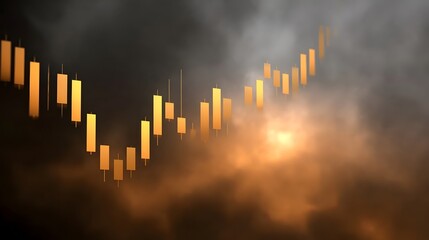 Golden candlestick chart showing upward financial trend amidst smoky dark background