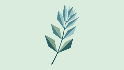 A geometric, stylized leaf with triangular segments in cool blues and greens against a pale background
