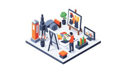 Obraz premium Isometric art studio with easel and canvas in creative workspace