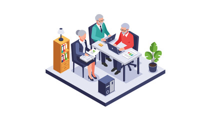 Isometric office scene with diverse senior team collaborating around computers