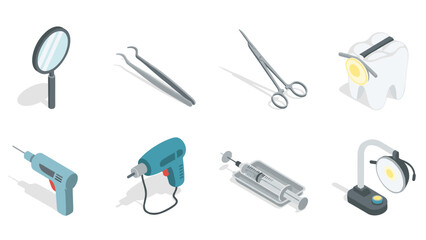 Isometric dental tools and equipment set in flat style for medical professionals