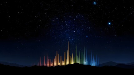 Vibrant equalizer graph glows beneath a starry night sky over a dark silhouetted landscape
