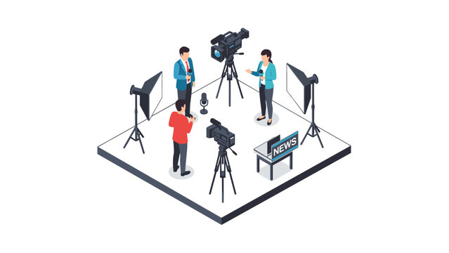 Isometric newsroom scene with camera crew and journalists