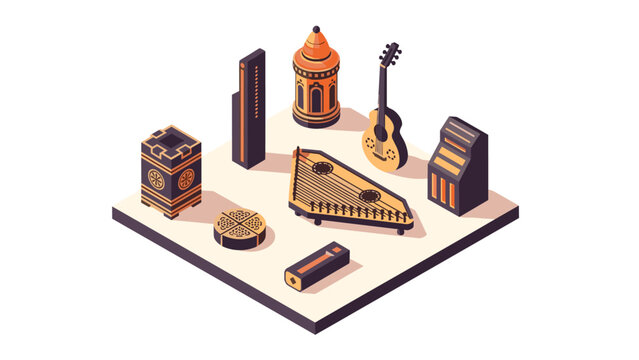 Isometric middle eastern musical instruments and architecture on display