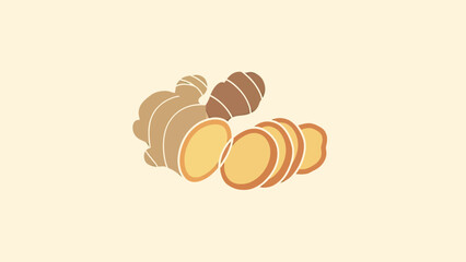Stylized illustration of a ginger root and slices on a neutral, pale yellow background