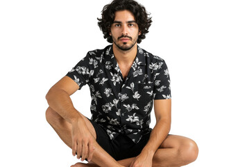 Man with curly hair wearing a floral shirt sitting cross legged isolated on transparent background