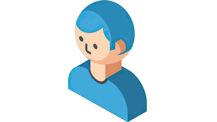 An isometric illustration of a stylized human figure with blue hair and shirt