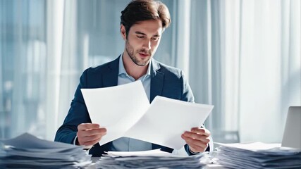 Professional man in blue blazer reviewing a large stack of documents at his desk. Intense workload, administration, thorough analysis - Powered by Adobe