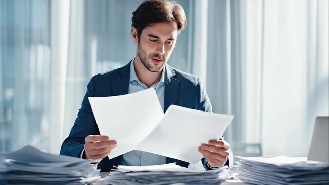 Professional man in blue blazer reviewing a large stack of documents at his desk. Intense workload, administration, thorough analysis