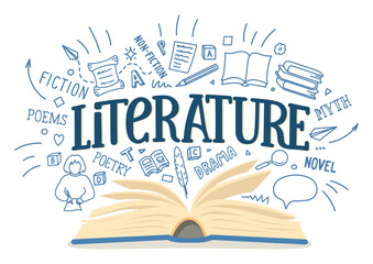 Literature. Open book with hand drawn doodles and lettering.