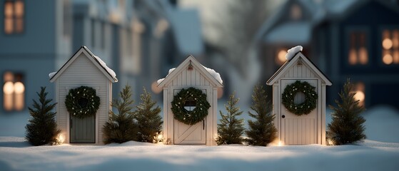 Three charming structures adorned with festive wreaths and subtle lighting stand amidst a tranquil winter landscape, exuding the serene atmosphere of the holiday season.
