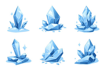 A collection of blue crystal formations on a white background