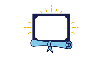 A diploma graphic, with a square frame, scroll, and beams radiating from the frame