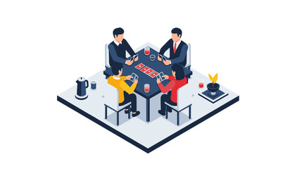 Team playing card game at office table in isometric style