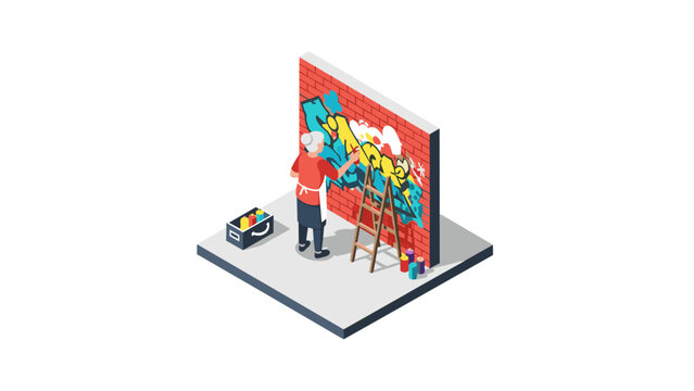Isometric street artist painting colorful graffiti on brick wall