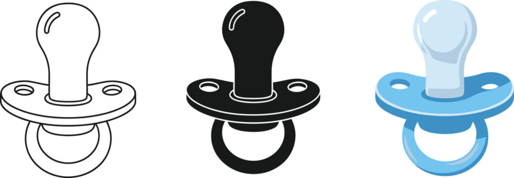 Collection of pacifier icons in outline solid black and blue vector styles representing baby care and comfort for design projects