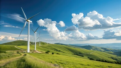 wind turbines in the mountains, Renewable energy turbines spinning under blue sky, sustainability and clean power