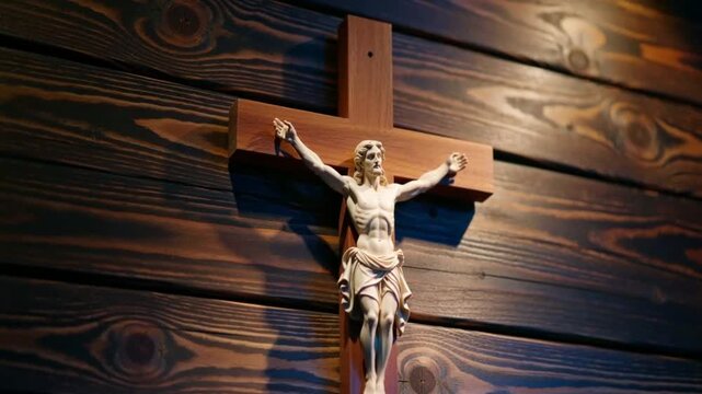 "Jesus Christ Crucifix Statue on Dark Rustic Wooden Wall Background"