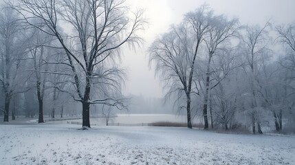 Snow-covered trees stand frozen in a serene winter landscape by a foggy lake