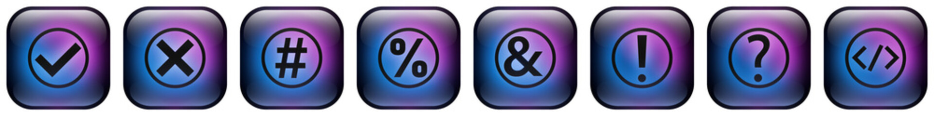 Glass rounded square button icons featuring Essential UI and Coding symbols with Blue and Purple Neon Glow. Universal Interface and Web Sign icon pack.