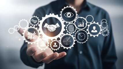 Businessman interacting with digital gears and icons representing technology and innovation