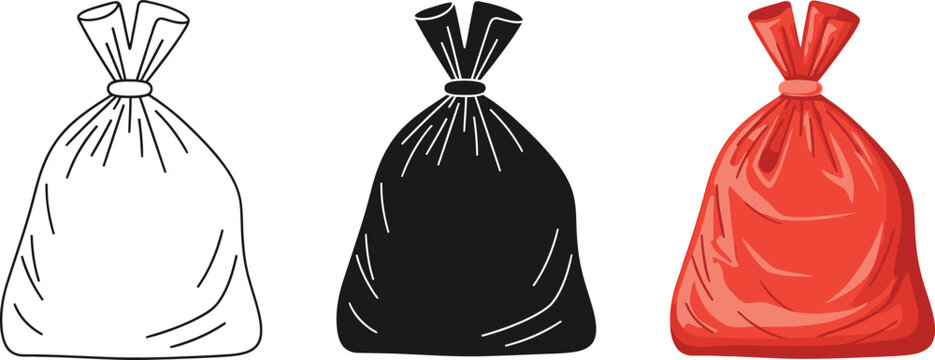 Collection of trash bag icons in outline black silhouette and red color simple vector graphics for waste management concepts