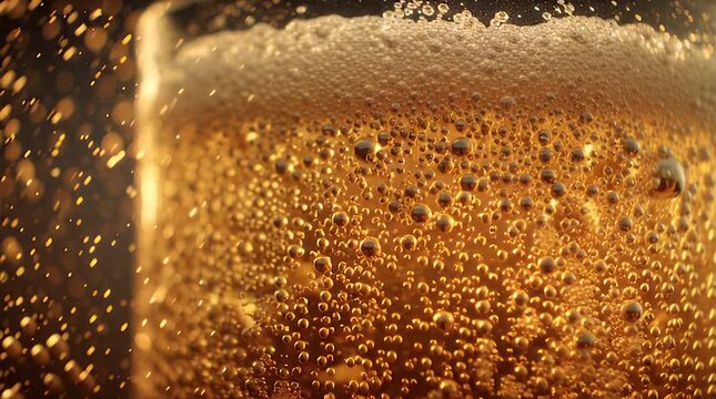 Abstract Macro Carbonation Bubbles Rising in Golden Liquid Video.