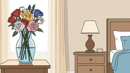 Flowers on a bedside table with a cozy hotel room background