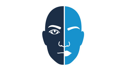 A human face, bisected with dark blue and light blue. One side open-eyed, the other winks