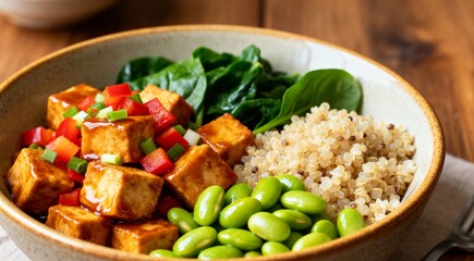Sweet and sour tofu with spinach quinoa and steamed edamame beans. Healthy food.