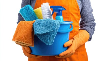 A person in orange gloves and apron holding a blue bucket with cleaning supplies