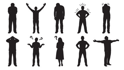 A diverse group of human silhouettes expresses various emotions and actions, including confusion, frustration, joy, and sadness.