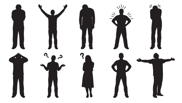 A diverse group of human silhouettes expresses various emotions and actions, including confusion, frustration, joy, and sadness.