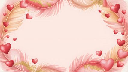 Luxury Watercolor Valentines Day Background with Gold Glitter and Hearts, Artistic Valentine Frame Design with Hand Painted Hearts and Copy Space, Romantic Heart Border with Soft Pink Feathers and Gol © Dream Graphics
